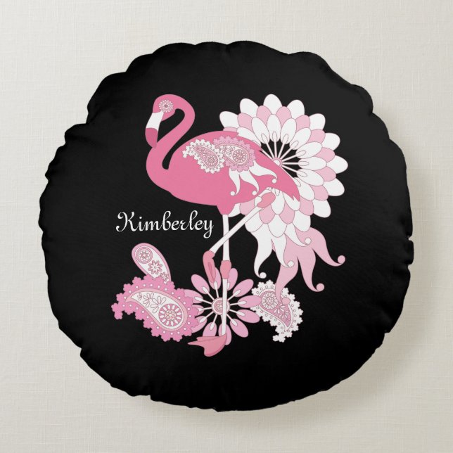Gepersonaliseerd Modern Black Pink Flamingo Rond Kussen (Voorkant)