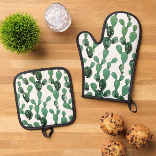 Gepersonaliseerd modern Cactus-patroon Ovenwant & Pannenlap Set (Top down)