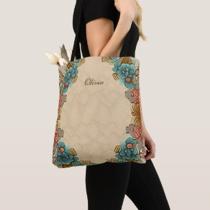 Gepersonaliseerd modern Floral Beige Blue Sinaasap Draagtas