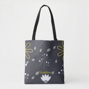 Gepersonaliseerd Modern Floral Black en Yellow Draagtas