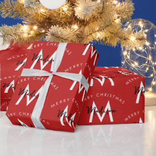 Gepersonaliseerd Modern Merry Christmas Red Monogr Cadeaupapier