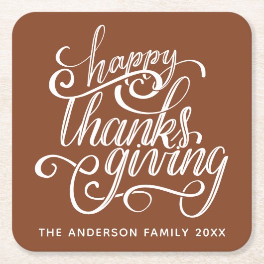 Gepersonaliseerd Modern Script Happy Thanksgiving Vierkante Kartonnen Onderzetter (Voorkant)