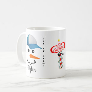 Gepersonaliseerd Mok blauw en wit pet Snowman Face