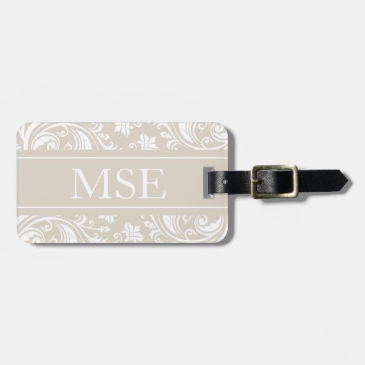 Gepersonaliseerd Monogram Beige White Damask Patro Bagagelabel (Voorkant horizontaal)