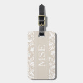 Gepersonaliseerd Monogram Beige White Damask Patro Bagagelabel (Voorkant verticaal)