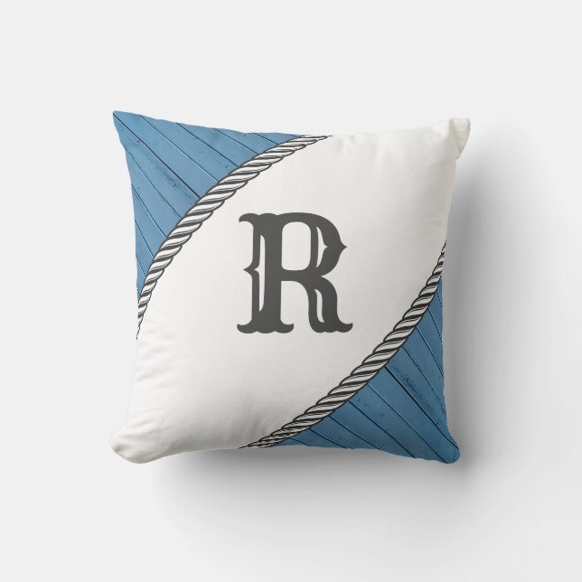 Gepersonaliseerd Monogram Blauw op Wit Kussen (Voorkant)