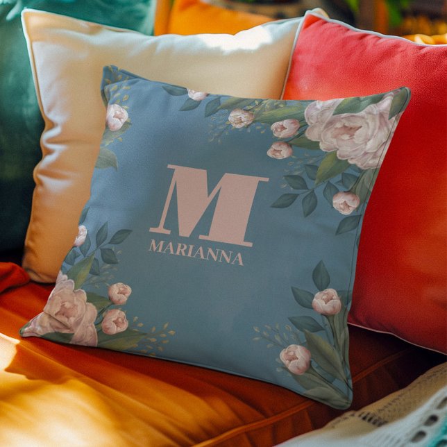 Gepersonaliseerd Monogram Bloemen Roze Rose Kussen (Pink floral monogram throw pillow)