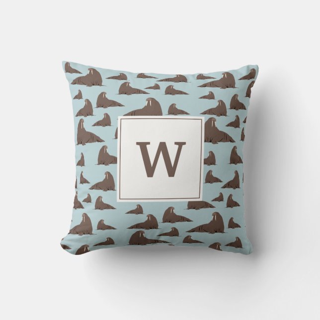 Gepersonaliseerd monogram Cute Walrus Pattern Kussen (Voorkant)