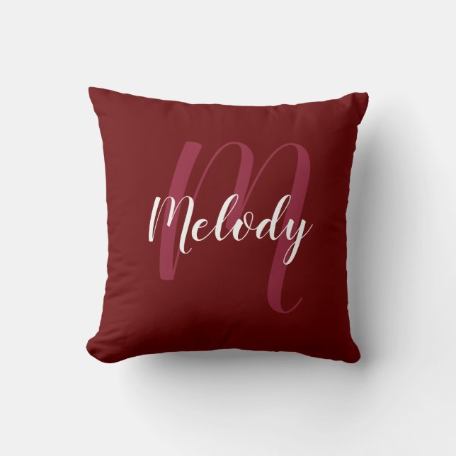 Gepersonaliseerd monogram en naam Burgandy Red Kussen (Voorkant)