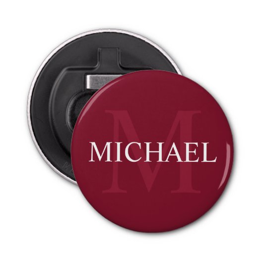 Gepersonaliseerd monogram en naam Burgundy Red Button Flesopener (Voorkant)