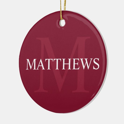 Gepersonaliseerd monogram en naam Burgundy Red Keramisch Ornament (Links)