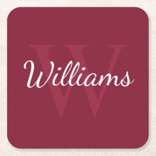 Gepersonaliseerd monogram en naam Burgundy Red Vierkante Kartonnen Onderzetter