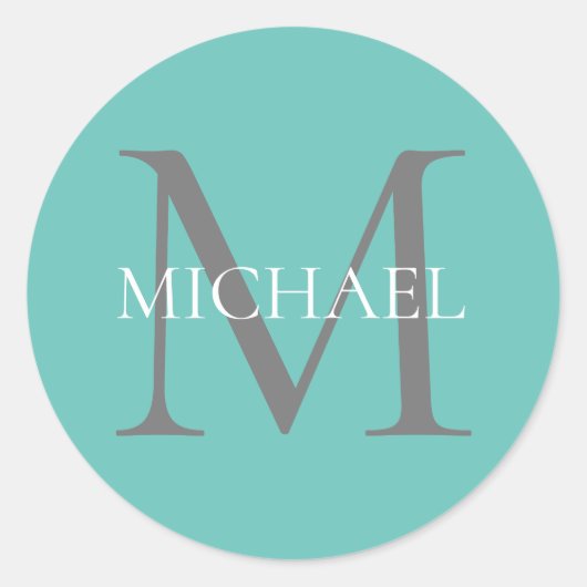 Gepersonaliseerd Monogram en Naam Licht Blauwgroen Ronde Sticker (Voorkant)