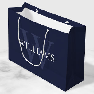 Gepersonaliseerd monogram en naam marineblauw groot cadeauzakje