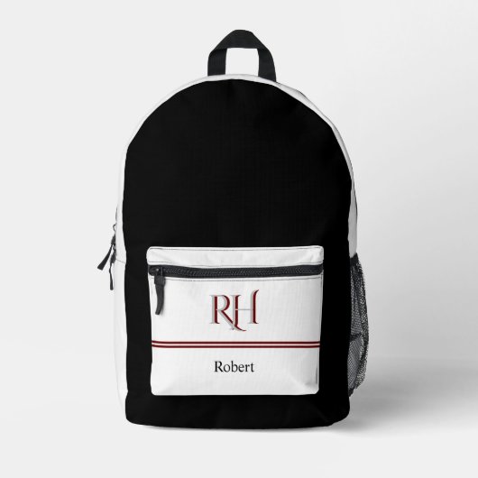 Gepersonaliseerd monogram en naam wit grijs rood bedrukte rugzak (Voorkant)