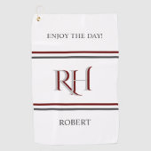 Gepersonaliseerd monogram en naam wit grijs rood golfhanddoek (Voorkant)