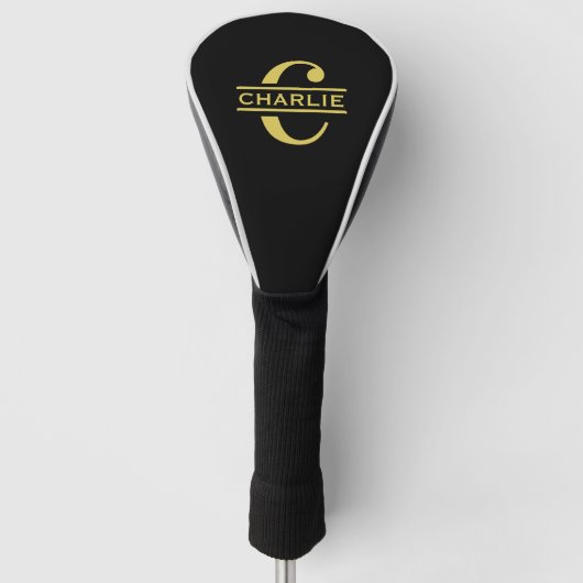 Gepersonaliseerd monogram en naam zwart en goud golfheadcover (Voorkant)