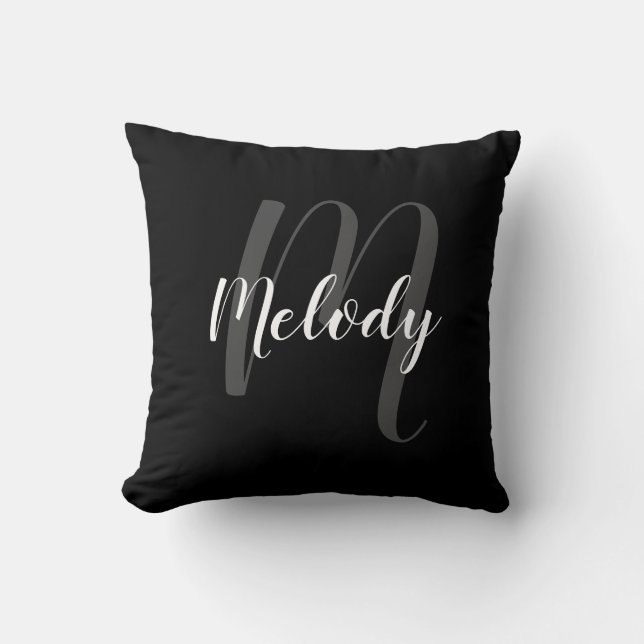 Gepersonaliseerd monogram en naam zwart en wit kussen (Voorkant)