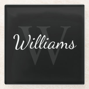 Gepersonaliseerd monogram en naam zwart glazen onderzetter