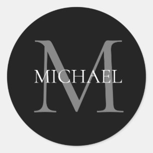 Gepersonaliseerd monogram en naam zwart ronde sticker