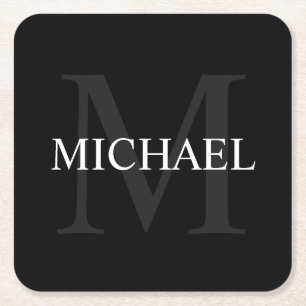 Gepersonaliseerd monogram en naam zwart vierkante kartonnen onderzetter