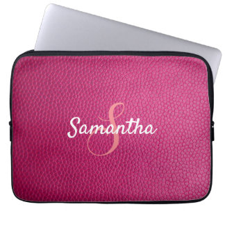 Gepersonaliseerd monogram en Roze leder Laptop Sleeve