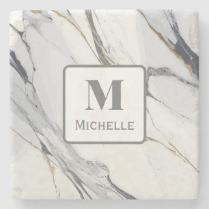 Gepersonaliseerd Monogram Grijs & Wit Marmer Stenen Onderzetter