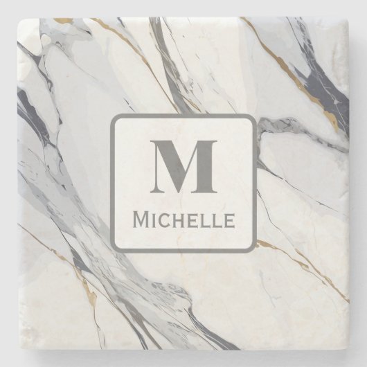 Gepersonaliseerd Monogram Grijs & Wit Marmer Stenen Onderzetter (Voorkant)