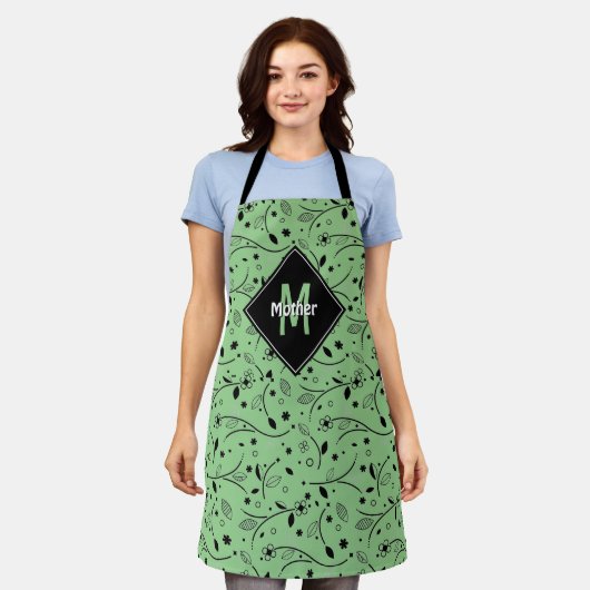 Gepersonaliseerd | Monogram | Groen | Bloemen | MO Schort (Gedragen)