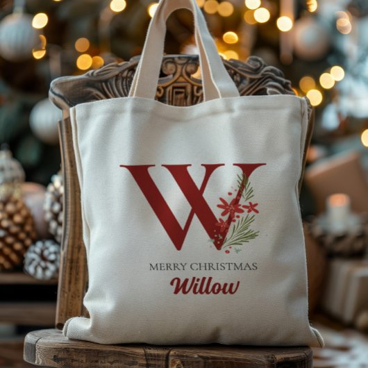Gepersonaliseerd monogram kerstcadeau tote bag