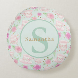 Gepersonaliseerd monogram Mint Green Pink Tea Cups Rond Kussen