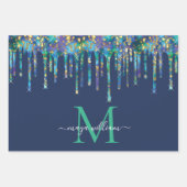 Gepersonaliseerd Monogram Novy Blue Glitter Drips Inpakpapier Vel (Voorkant 2)