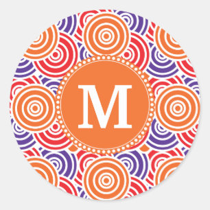 Gepersonaliseerd monogram Oranje Paars cirkelpatro Ronde Sticker