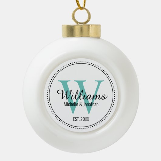 Gepersonaliseerd monogram Pas getrouwd Blauwgroen Keramische Bal Ornament (Voorkant)