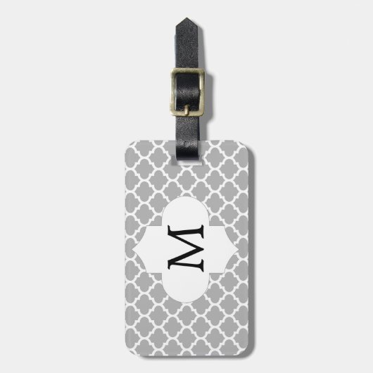 Gepersonaliseerd monogram Quatrefoil Grijs en Wit Bagagelabel (Voorkant verticaal)