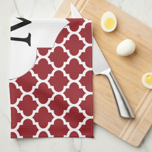 Gepersonaliseerd monogram Quatrefoil Red en White Theedoek (Quarter Fold)