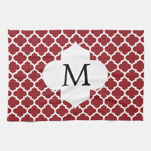 Gepersonaliseerd monogram Quatrefoil Red en White Theedoek (Horizontaal)