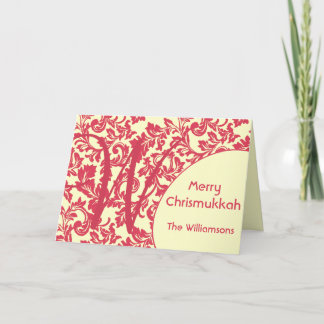 Gepersonaliseerd & Monogram Red Damask Chrismukkah Feestdagen Kaart