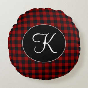 Gepersonaliseerd monogram rood en zwart buffel rond kussen