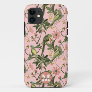 Gepersonaliseerd monogram roze parrot iPhone 11 hoesje