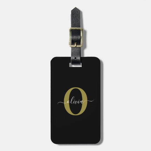 Gepersonaliseerd monogram Script Name Black White  Bagagelabel (Voorkant verticaal)