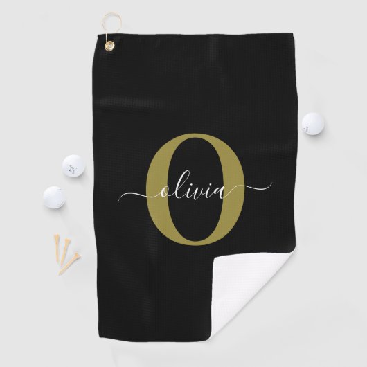 Gepersonaliseerd monogram Script Name Black White  Golfhanddoek (Insitu)