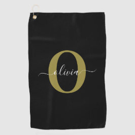 Gepersonaliseerd monogram Script Name Black White  Golfhanddoek