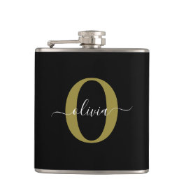 Gepersonaliseerd monogram Script Name Black White  Heupfles