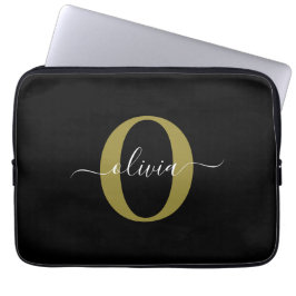 Gepersonaliseerd monogram Script Name Black White  Laptop Sleeve