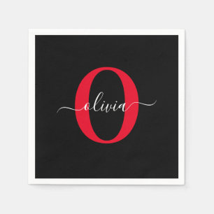 Gepersonaliseerd monogram Script Name Black White  Servet