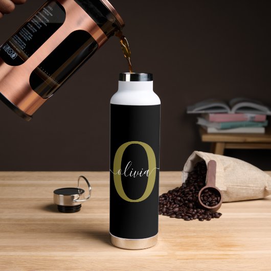 Gepersonaliseerd monogram Script Name Black White Waterfles (Koffie)