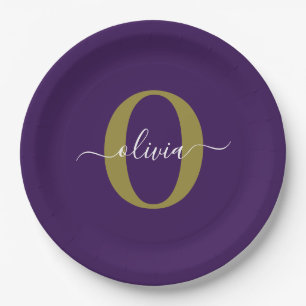 Gepersonaliseerd Monogram Script Name Paars White Papieren Bordje