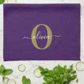 Gepersonaliseerd Monogram Script Name Paars White  Theedoek (Gevouwen)