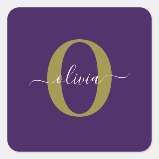 Gepersonaliseerd Monogram Script Name Paars White  Vierkante Sticker (Voorkant)